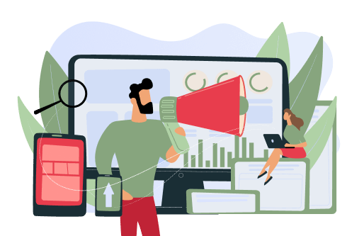 Man using megaphone Digital Marketing Strategy cartoon.